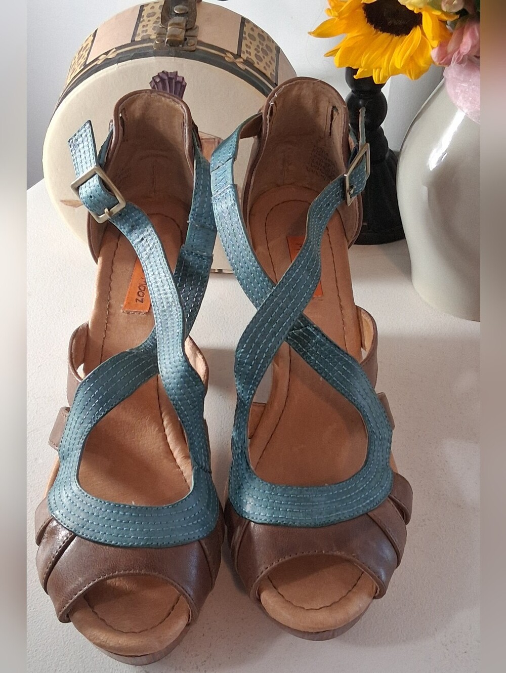 Miz Mooz Brown & Blue Petra Open Toe Shoes Heels Sz 11M Good Condition